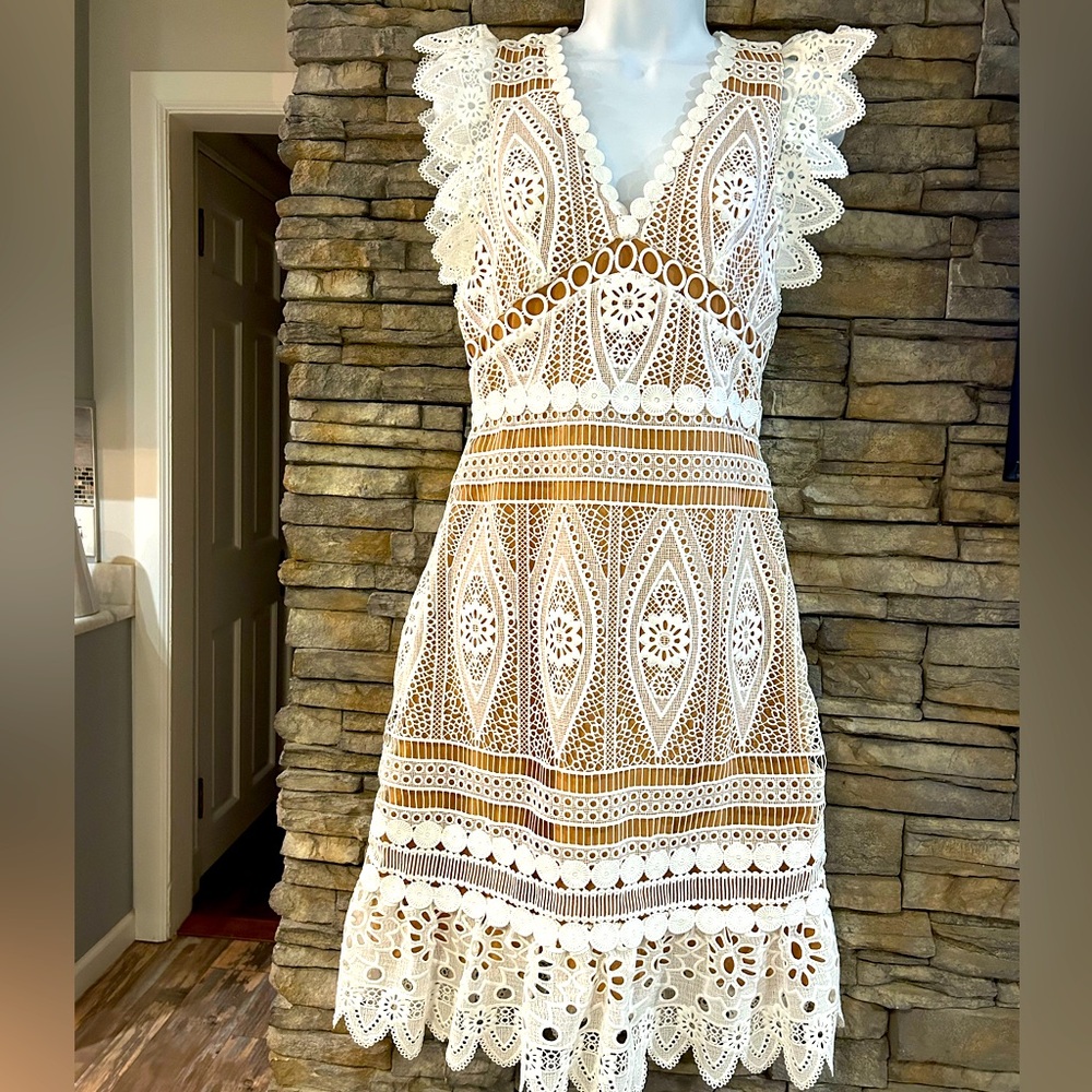 Michael Kors White Medallion Crochet Lace Midi Dress Size XS